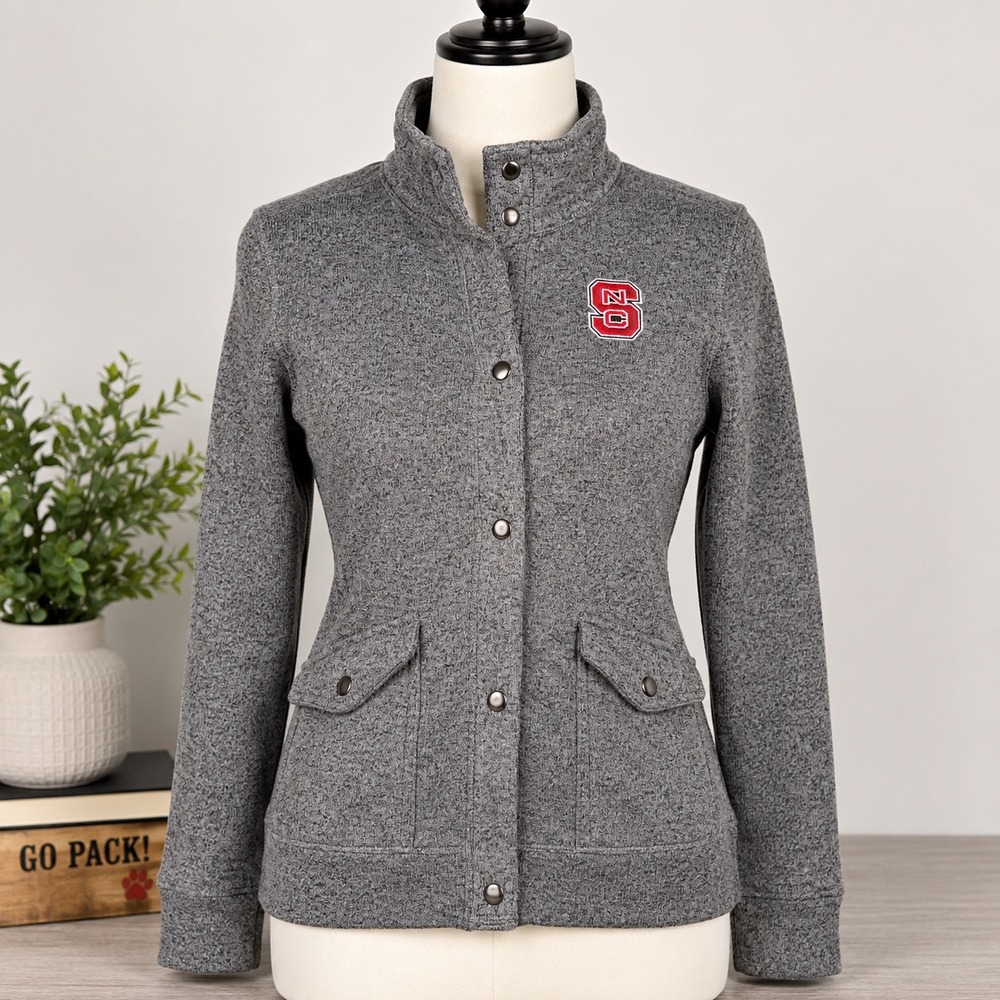 NC State Wolfpack Womens Heathered Grey Snap Front Fleece Jacket Collegiate MED